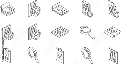 A collection of checkmark icons with documents, magnifying glasses, and clipboards in minimalist outline vector style, suitable for business and office applications