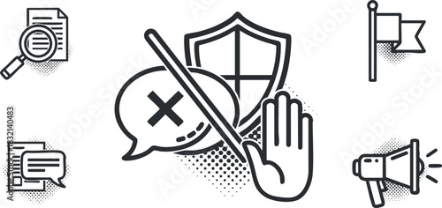 A set of security and communication icons including a shield, hand gesture, and warning symbols in black and white minimalist vector style, ideal for digital safety and privacy designs
