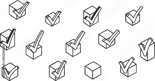 A collection of checkmarks inside boxes in minimalist outline vector style, suitable for task management and design projects