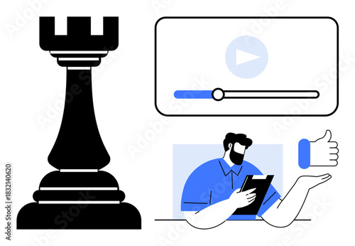 Chess rook symbolizing strategy, media player screen with progress bar, person with tablet, thumbs-up icon. Ideal for strategy, digital interaction, content creation, business, education feedback