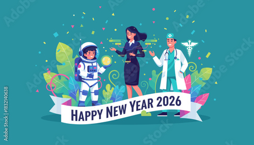 Happy New Year 2026 Future success symbolized by astronaut businesswoman and doctor careers