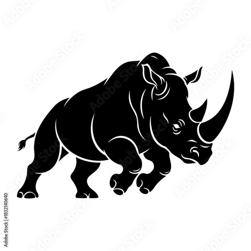 A bold black rhinoceros silhouette charging forward with fierce energy