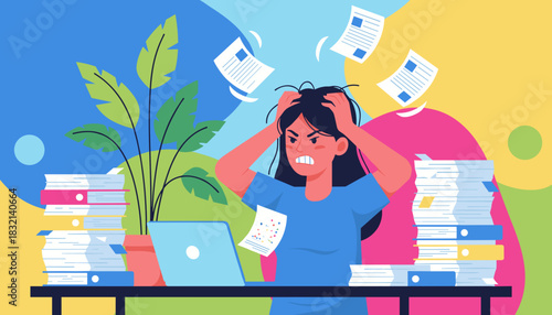 Stressed worker overwhelmed by excessive workload and flying documents symbolizing business burnout