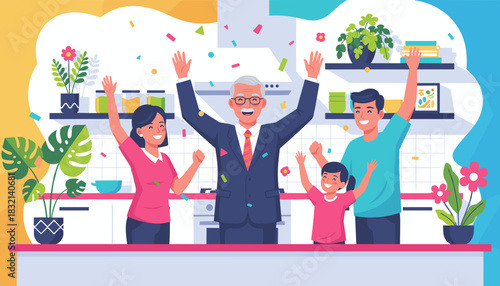 Happy multigenerational family celebrating success with raised hands and confetti in a bright kitchen