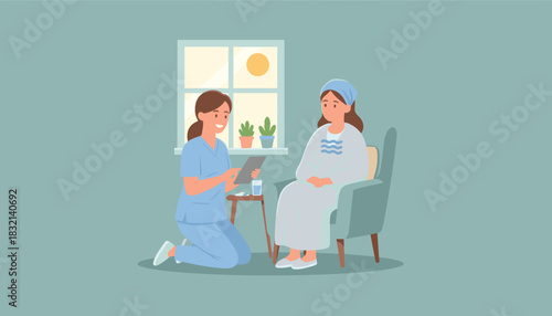 Caregiver checks patient records on a tablet during a home visit medical support illustration