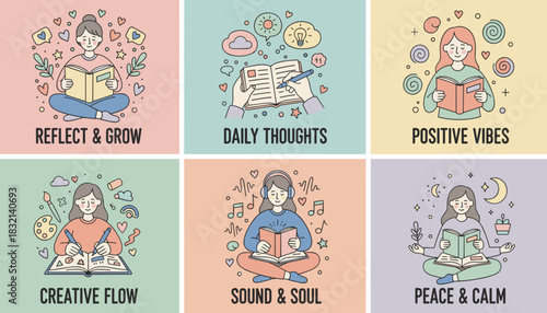 Cute vector art set of selfcare activities journaling reading meditation and creative hobbies