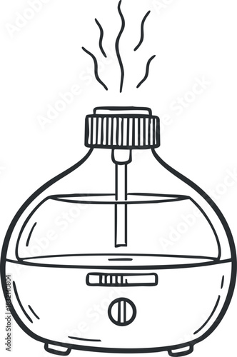 A humidifier releasing steam in a clean outline black and white vector style, suitable for home wellness and interior design