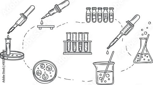 A collection of laboratory equipment including test tubes, pipettes, and beakers in a clean outline vector style, suitable for educational materials and scientific illustrations