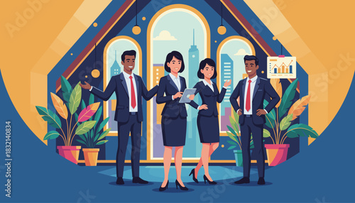 Professional business team standing confidently in a modern office with a city view Success and leadership