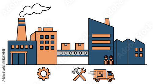 Modern factory building with conveyor belt workers production and logistics icons