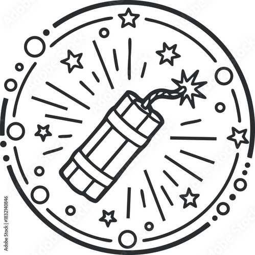 A dynamite stick with a lit fuse in a black and white outline vector style, ideal for explosive-themed designs