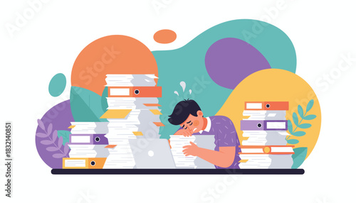 Exhausted office worker overwhelmed by stacks of documents and files Business stress concept