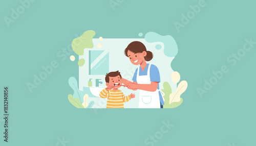 Mom helping child brush teeth in the bathroom Daily dental hygiene routine