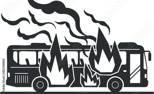 A bus engulfed in flames with smoke rising in bold black and white vector style, suitable for emergency response illustrations