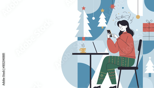 Woman texting on smartphone at decorated desk with laptop and coffee during winter holidays