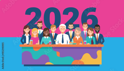 Diverse business team celebrates 2026 new year or future success at a party