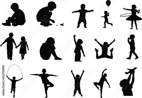 Silhouette collection of children playing and engaging in various activities