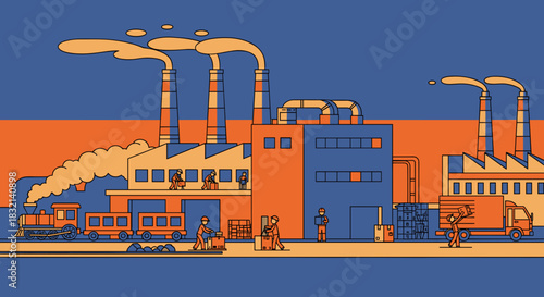 Industrial manufacturing complex and logistics supply chain with workers trucks and trains