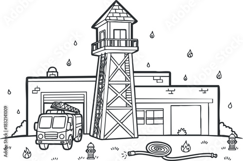 A fire station with a fire truck and lookout tower in black and white outline vector style, suitable for educational materials