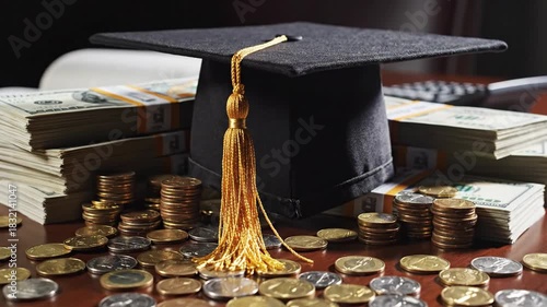 A mortarboard with gold tassel sits amongst stacks of money and coins on a wooden surface