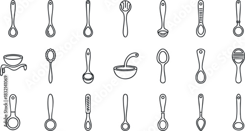A collection of various kitchen measuring spoons and utensils in black and white outline vector style, perfect for culinary design and illustrations
