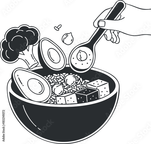 A hand scooping a bowl filled with avocado, beans, and vegetables in minimalist black and white vector style, perfect for healthy food branding