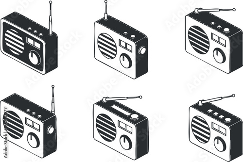 A set of vintage radios in outline black and white vector style, ideal for music and communication themed projects