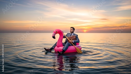 Lost Businessman on an Inflatable Pink Flamingo Ring Floating Alone in the Ocean at Sunset, Crisis Concept