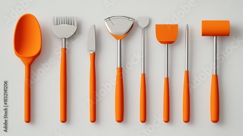Assortment of Orange Kitchenware on Minimalist Gray Background