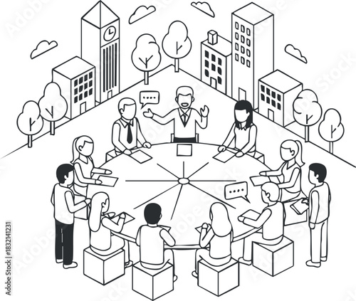A group of diverse professionals engaged in a collaborative meeting in outline vector style, suitable for business presentations and teamwork concepts