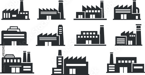 A set of factory and industrial building icons in black silhouette vector style, suitable for business and manufacturing themes