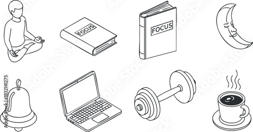 A collection of wellness icons including a meditation figure, a focus book, a laptop, and fitness equipment in simple black and white outline style, ideal for health and productivity themes