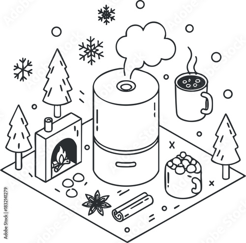 A cozy winter scene featuring a steaming humidifier, fireplace, hot beverage, marshmallows, and pine trees in minimalist line art style, perfect for seasonal design projects