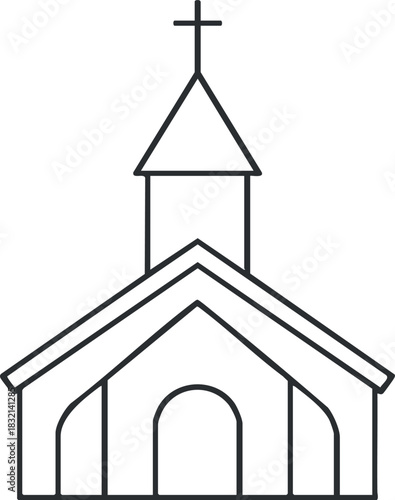 A simple church building outline with a cross on top in minimalist vector style, suitable for religious themes and designs