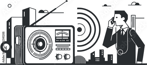 A vintage radio with sound waves and a businessman on the phone in black and white flat vector style, ideal for communication and media themes
