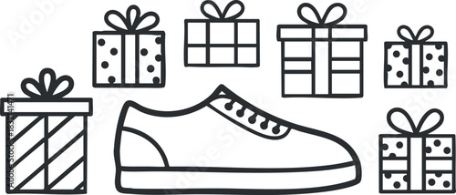 A sneaker surrounded by various gift boxes in minimalist outline vector style, ideal for holiday promotions and marketing campaigns