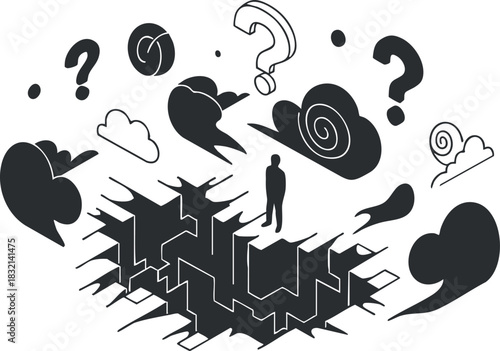 A conceptual illustration of a person surrounded by question marks and clouds in modern black and white vector style, ideal for creative projects and discussions