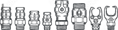 A collection of various plumbing valves and fittings in detailed black and white outline vector style, suitable for technical illustrations and engineering designs