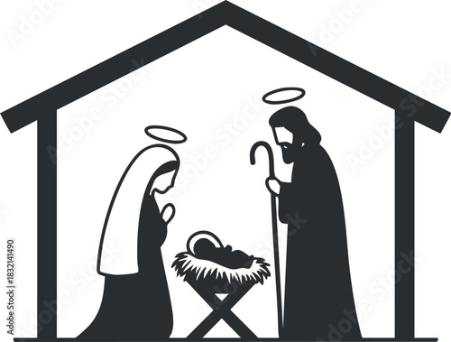 A silhouette of the nativity scene featuring Mary, Joseph, and baby Jesus in black and white vector style, ideal for Christmas decorations