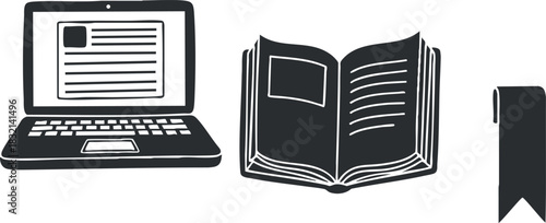 A laptop, an open book, and a bookmark in a flat minimalist vector style, suitable for education and e-learning projects