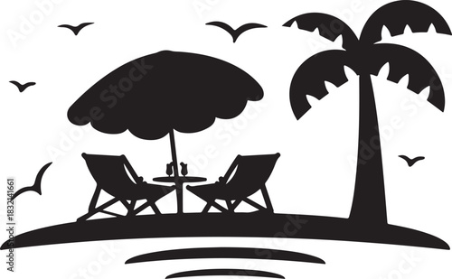 Tropical summer vacation silhouette of a couple relaxing on the beach with an umbrella and chair by the ocean