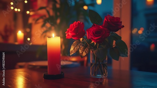 Romantic Roses and Candle Arrangement on Wooden Table