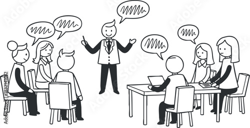 A group of people engaged in a discussion with a speaker in black and white linear vector style, suitable for business presentations and teamwork illustrations