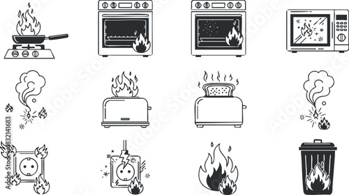 A collection of kitchen appliance fire hazard icons in black and white minimalist vector style, perfect for safety awareness materials