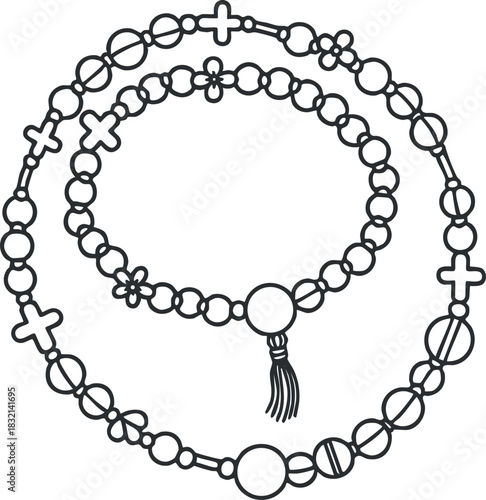 A collection of beaded necklaces featuring crosses and decorative elements in outline vector style, perfect for religious and spiritual themes