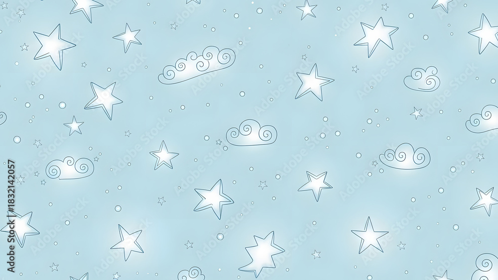Seamless pattern of stars and clouds dreamy illustration for textile design soft blue background