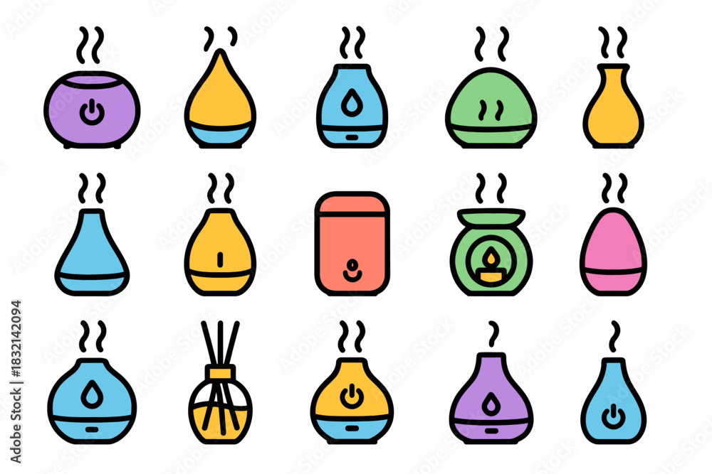 Fototapeta premium Colorful aromatherapy diffusers collection with various designs and shapes