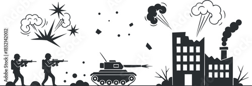 A scene depicting soldiers in a battle with a tank and explosions in a black and white vector style, suitable for military themes and graphic design.
