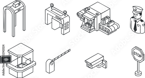 A collection of security icons including a checkpoint, surveillance camera, barrier, and police officer in flat outline vector style, ideal for safety and technology designs