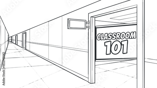 A detailed illustration of a school hallway featuring Classroom 101 in a black and white line art style, suitable for educational materials